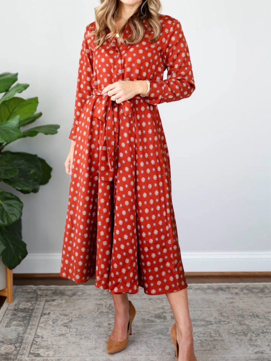Banana Republic Orange Long Sleeve Midi Dress With Tie Waist